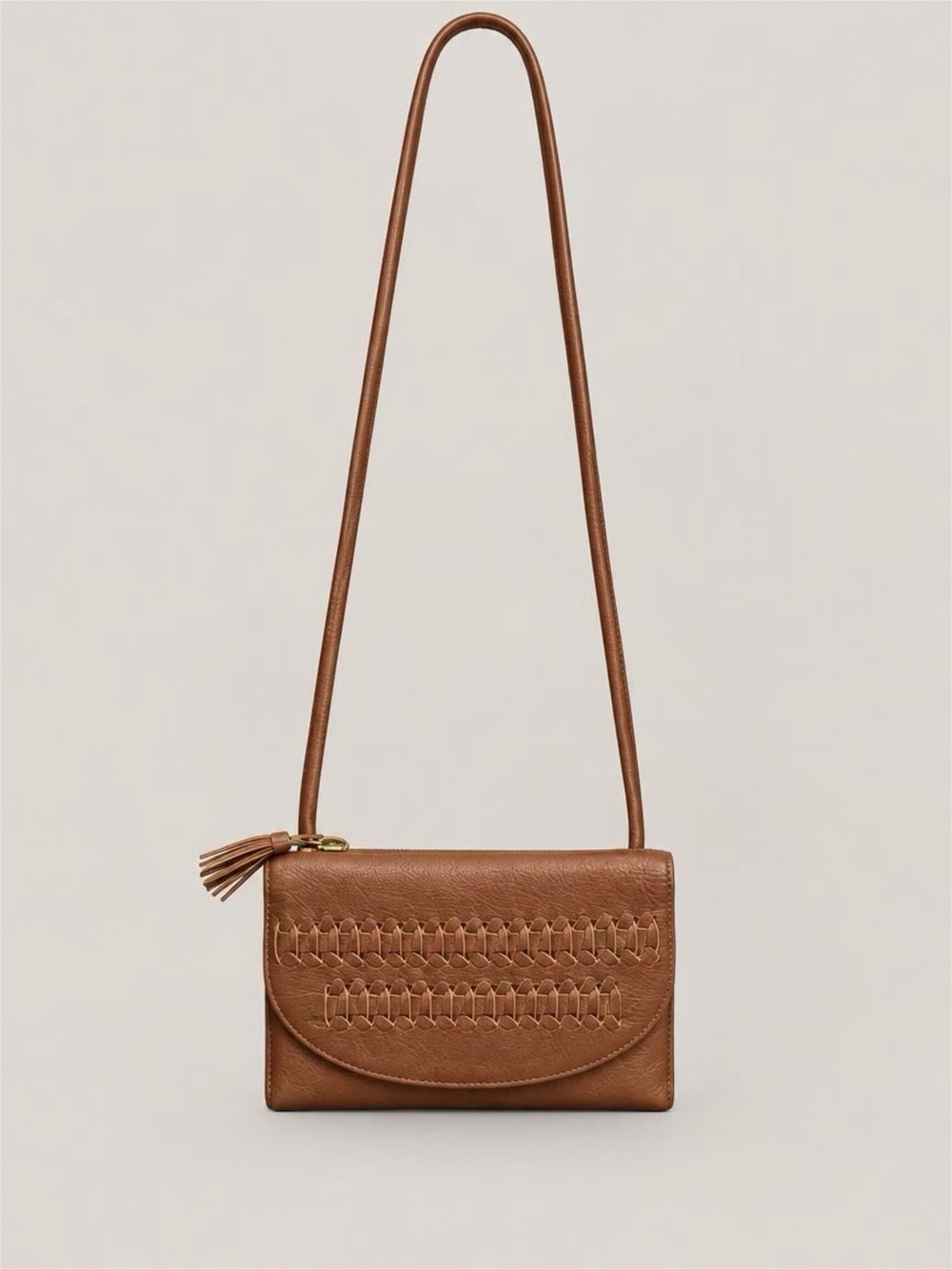 Woven Detail Brown Leather Crossbody w/Wallet Bag Fossil